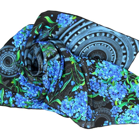 100% silk square scarf wrap "Forget-me-nots" grey blue floral - Picture 7 of 8